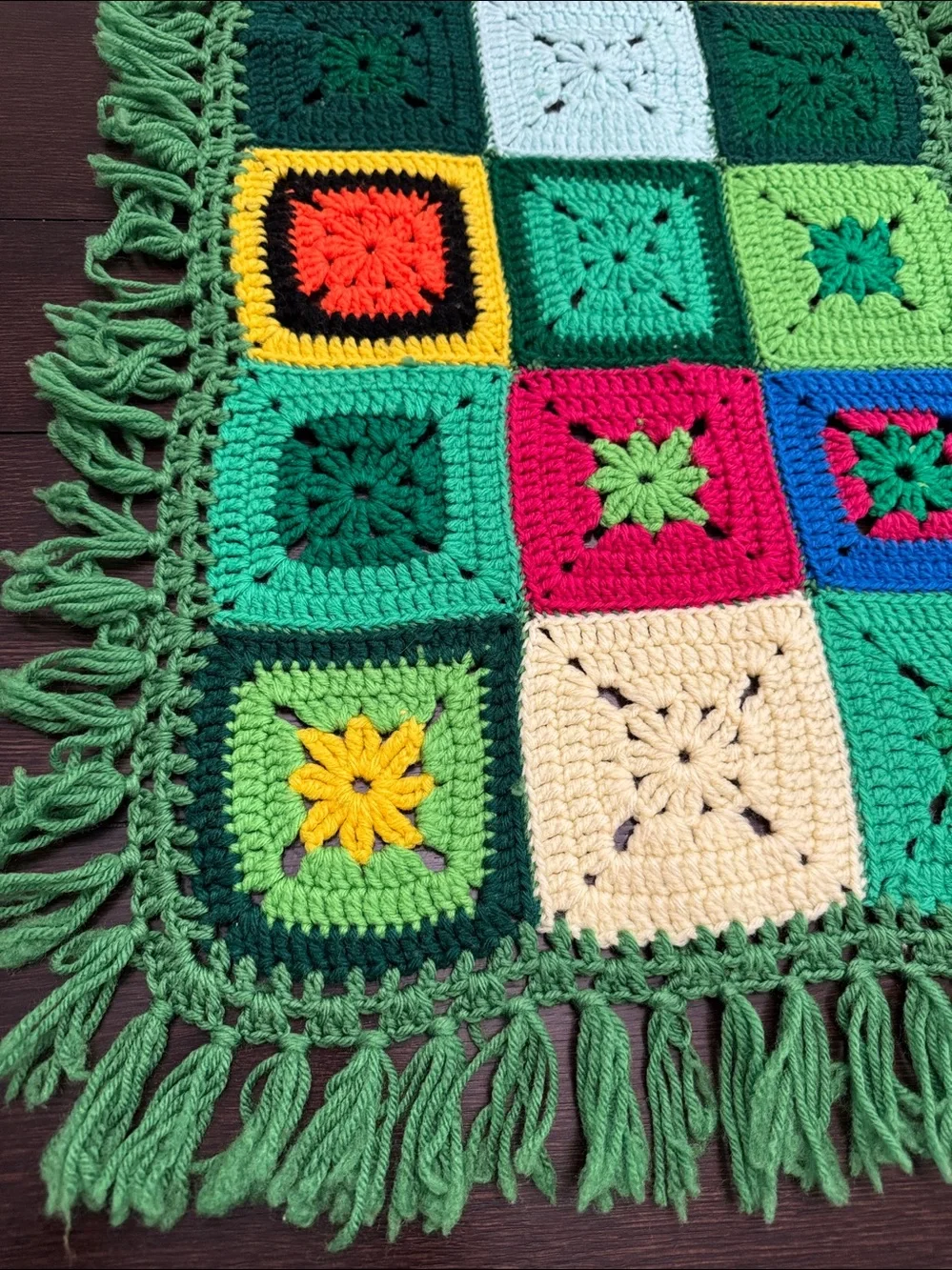 Vintage Handmade Green Multi-Color Crochet Table Runner holiday decor